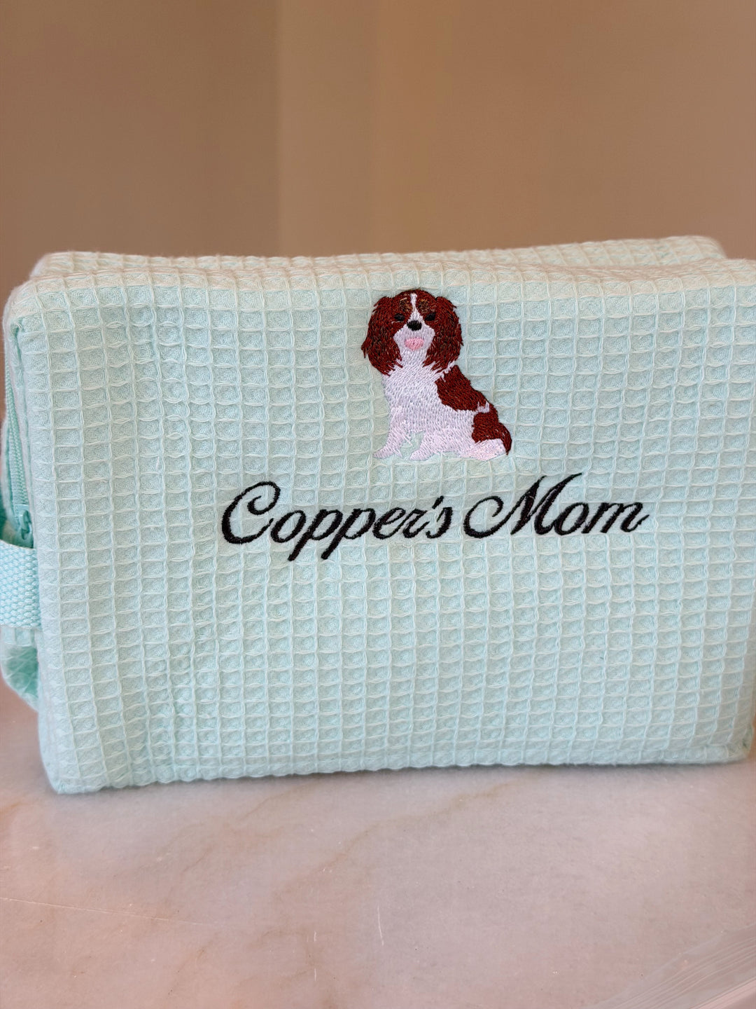 Puppy-Love Embroidered Cotton Waffle Cosmetic Bag