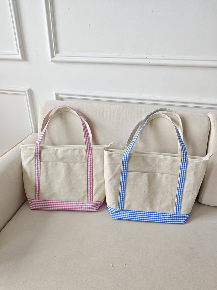 Gingham Trim Canvas Tote