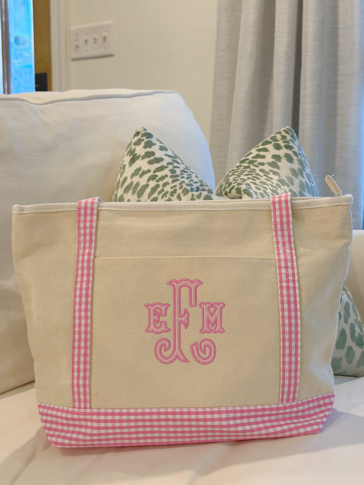 Gingham Trim Canvas Tote