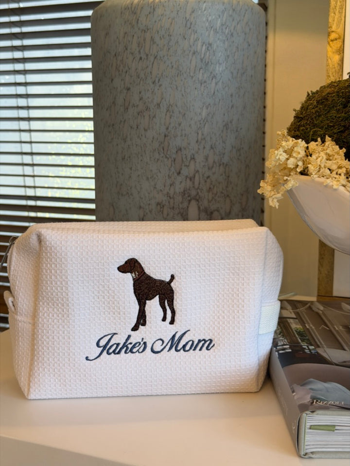 Puppy-Love Embroidered Cotton Waffle Cosmetic Bag