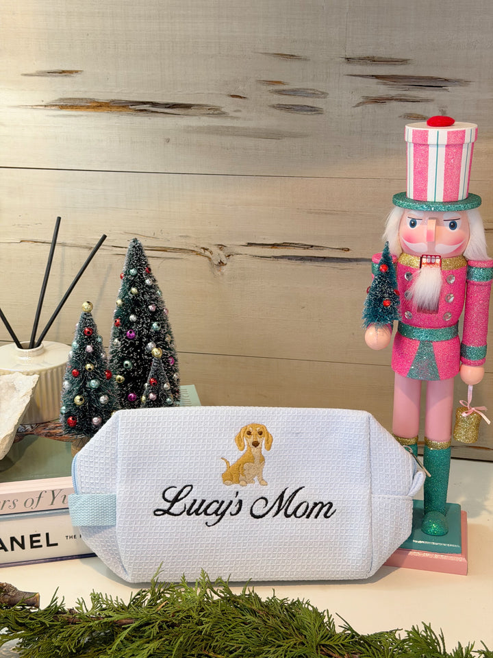 Puppy-Love Embroidered Cotton Waffle Cosmetic Bag