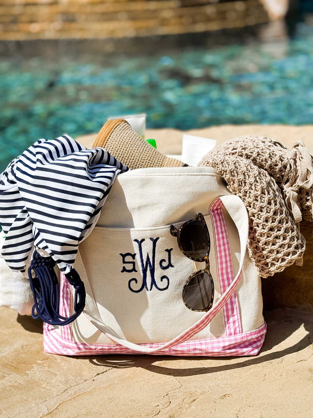 Gingham Trim Canvas Tote