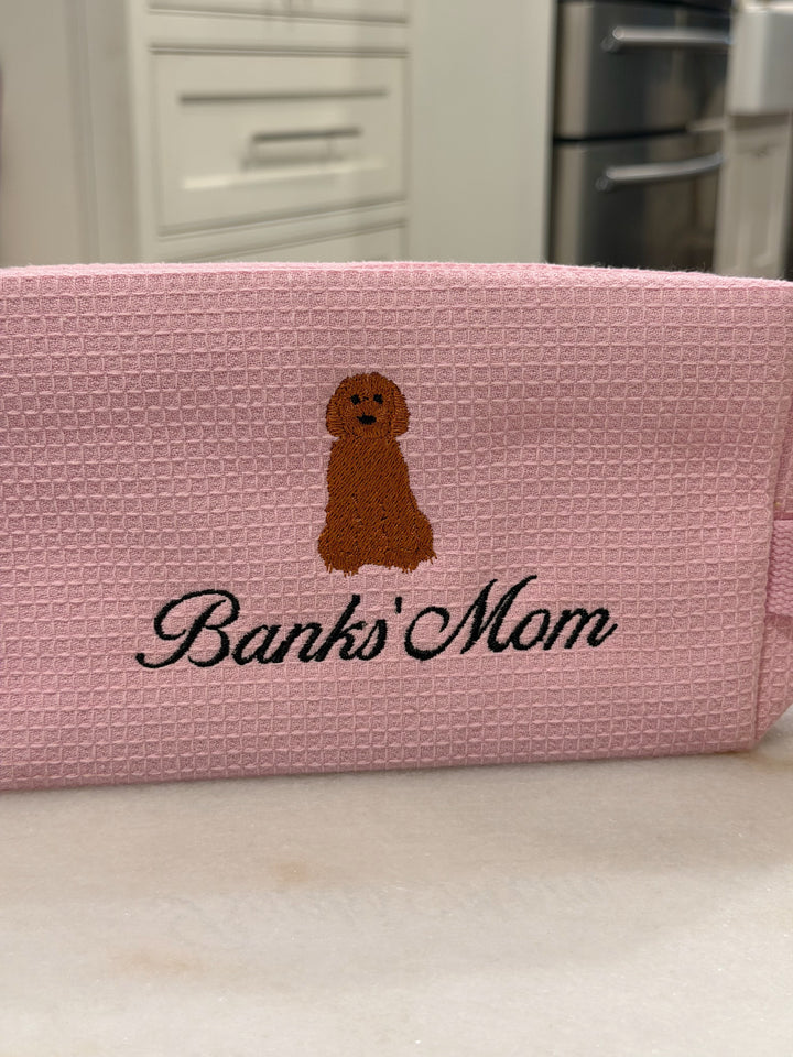Puppy-Love Embroidered Cotton Waffle Cosmetic Bag