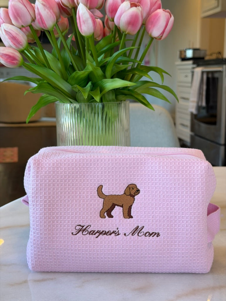 Puppy-Love Embroidered Cotton Waffle Cosmetic Bag