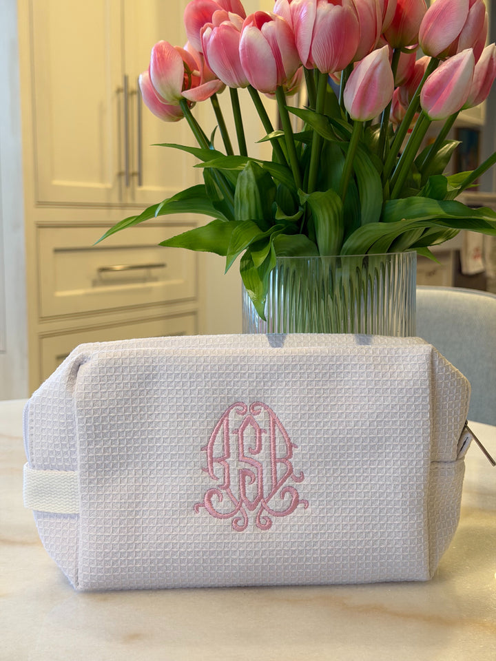 Monogrammed Cotton Waffle Cosmetic Bag