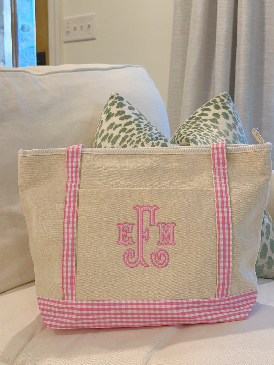 Gingham Trim Canvas Tote