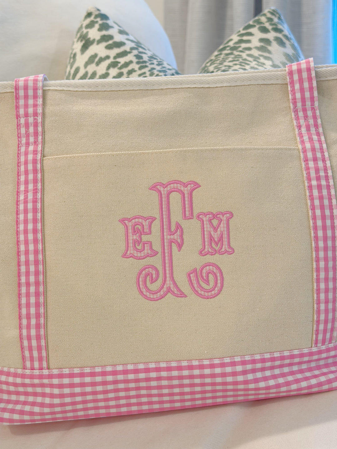 Gingham Trim Canvas Tote