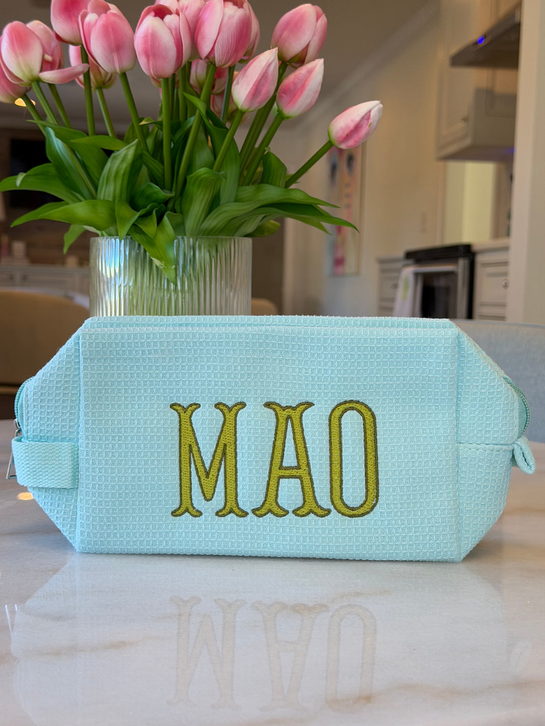Monogrammed Cotton Waffle Cosmetic Bag