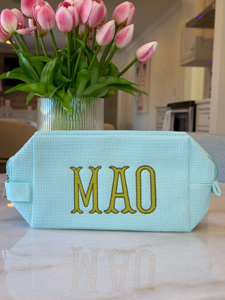 Monogrammed Cotton Waffle Cosmetic Bag