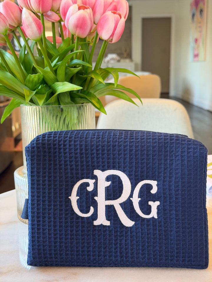 Monogrammed Cotton Waffle Cosmetic Bag